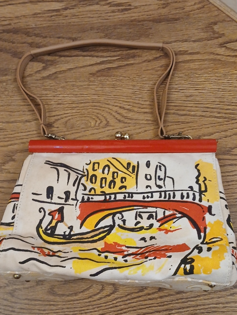 White Canvas Venice Print Clutch with Red Trim